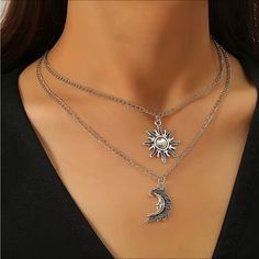 Sterling Silver Plated Set Of Two Necklaces, One Crescent, Moon With Face And One Sun Ablaze. I Also Have Matching Earrings Available. Crescent Moon With Face, Moon And Sun Necklace, Moon With Face, Multilayer Necklace, Two Necklaces, Sun Necklace, Moon And Sun, Multi Layer Necklace, Creative Personality