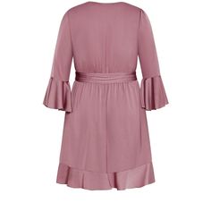 Embrace elegance in the Estelle Dress in a charming dusty orchid hue. This dress features a flattering V-neckline, a faux-wrap style with a fabric tie belt, full-length bell sleeves, and a ruffle hemline, all elegantly lined for a graceful finish. Bold and fiercely fashionable, no one does plus size fashion like City Chic. Loved around the globe for its diverse range of fashion-forward styles for any occasion. From show-stopping evening gowns to workwear and casualwear, City Chic will take your Elegant Pink Wrap Dress For Brunch, Elegant Pink Wrap Dress For Date Night, Pink Wrap Dress With Surplice Neckline For Brunch, Pink Surplice Neckline Wrap Dress For Brunch, Elegant Mauve V-neck Mini Dress, Chic Mauve V-neck Mini Dress, Feminine Bridesmaid Dress With Surplice Neckline, Elegant Mauve Dress For Brunch, Mauve V-neck Dress For Date Night