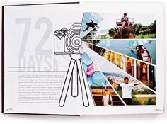 an open book with pictures and text on it that says, 72 days in the life of a photographer