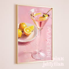 a painting of a martini glass with lemons on the side and a plate next to it