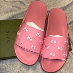 Gucci Slides! Luxury Slip-on Slides For Spring, Designer Synthetic Slides Slip-on, Pink Open Toe Slides With Rubber Sole, Designer Synthetic Slip-on Slides, Pink Flat Slides With Rubber Sole, Designer Slides With Branded Insole For Beach, Designer Beach Slides With Branded Insole, Luxury Synthetic Slip-on Slides, Designer Slip-on Sandals With Branded Insole