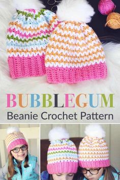 two crocheted beanies with pom poms on them and the text bubblegum beanie crochet pattern