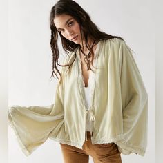 New With Tags! Free People Velvet Bed Jacket - Size Medium - Tag States Color Is Crme. Color Is More Of A Light Sage Cream Green. Pics Are Fairly Accurate Of Color. Cotton Open Front Outerwear For Spring, Bohemian Spring Outerwear For Day Out, Beige Open Front Tops For Spring, Long Sleeve Summer Outerwear For Brunch, Summer Long Sleeve Outerwear For Brunch, Fall Open Front Outerwear For Brunch, Beige Long Sleeve Outerwear For Brunch, Spring Bohemian Daywear Outerwear, Bohemian Open Front Outerwear For Brunch