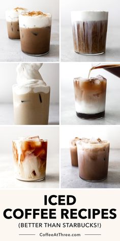 iced coffee drinks in glass cups with whipped cream on top