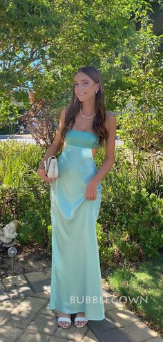 Cute Open Back Dresses, Pretty Silk Dresses, Silky Prom Dresses, Seafoam Green Prom Dress, Light Green Prom Dress Long, Silk Dresses Aesthetic, Blue Silk Prom Dress, Beachy Prom Dress, Dresses For Hoco