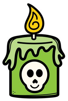 a green candle with a skull on it and a yellow flame in the middle is shown