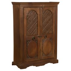 an old wooden cabinet with carvings on the front and sides, isolated against a white background