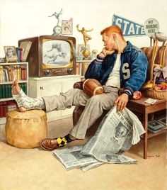 a painting of a man sitting on a couch next to a little boy who is reading a newspaper