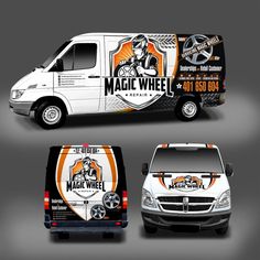 a van wrap design for magic wheel motorcycle repair, with an image of a biker on the back