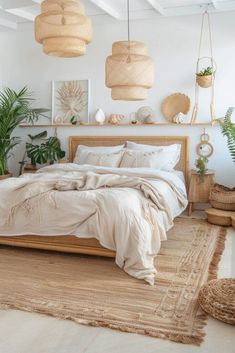 a bedroom with white walls and lots of plants