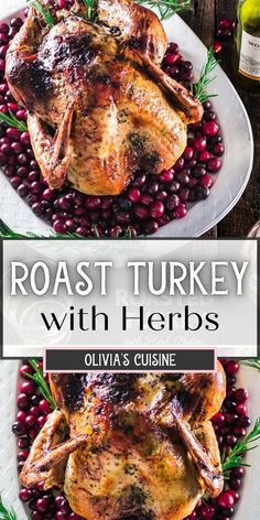 roast turkey with cranberries and rosemary garnish on a white platter