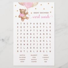 a baby shower word search card with a teddy bear holding a pink heart shaped balloon