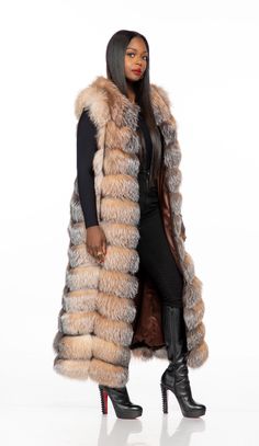 The Gina full length fox fur vest is a stunner. This piece is crafted with 100% genuine fox fur. This vest is 130 cm/ 51 inches . The Gina fox fur runs true to size. Order one size up if you have a large bust. Model is 5'5" tall and typically a size Large. Model is wearing a size L. . Please contact us at hello@thefancysuccess.com if you want to customize your vest in a longer or shorter. Brown Fur Vest, Fox Fur Vest, Hairstyles With Glasses, Pencil Skirt Outfits, Mink Coat, Fashion Media, Dress Halloween Costume, Beautiful Clothes, Fur Vest