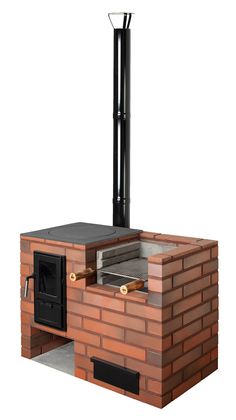 an outdoor brick pizza oven is shown with the door open to show it's cooking area