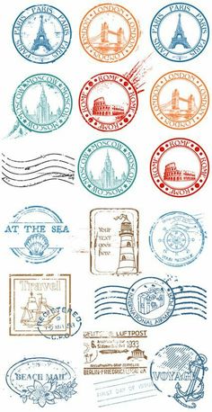 various stamps with the names of different countries