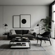 a black and white living room with modern furniture