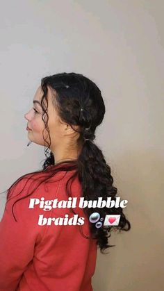 Bubble Braid For Curly Hair, Bubble Braids Medium Hair, Low Pigtails Curly Hair, Curly Hair Pigtail Braids, Curly Hair Pigtails Hairstyles, Wavy Hair Pigtails, Pigtail Hairstyles Curly Hair, Curly Bubble Braid, Curly Hair Bubble Braid