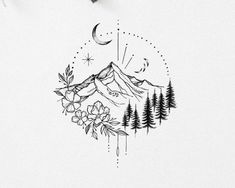 a drawing of mountains and trees with the moon in the sky above them on a sheet of paper