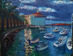 an oil painting of boats in the water near a building and palm tree lined street