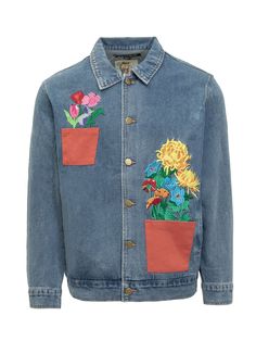 Denim long-sleeved jacket. Crew neck. Button closure. Button cuffs. Two side pockets. Flower motif.Composition: 87% Cotton, 13% Polyester Flower Jacket, Barbour Steve Mcqueen, Prada Leather, Flower Motif, Steve Mcqueen, Denim Details, Oversized Silhouette, Gorgeous Bags, Engineered Garments