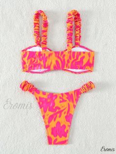 Eromis - Alluring Allover Print Ruched Strap Tie Front 2 Piece Set Bikini: Exquisite Hollow Out High Cut Stretchy Swimsuits for Womens Swimwear & Clothing Yellow Ruched Swimwear For Beach, Multicolor Ruched Swimwear For Beach Season, Swimwear Outfit, 2 Piece Set, High Cut, Womens Swimwear, Collar Styles, Knit Fabric, Off The Shoulder