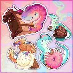 some stickers with different types of animals and desserts on them, including an eggplant