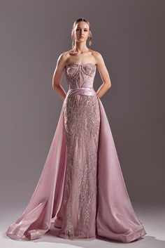 Corseted bodice fully beaded dress featuring satin overskirt - HerTrove Mr Design, Lace Corset Dress, Long Outfit, Crystal Embroidery, Long Evening Gowns, Form Fitting Dress, Lilac Dress, Saree Dress, Lace Corset