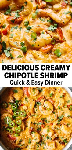 delicious creamy chipotle shrimp is served in a white bowl and garnished with green onions