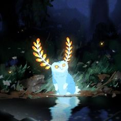 an animated image of a blue creature with glowing eyes and antlers on its head