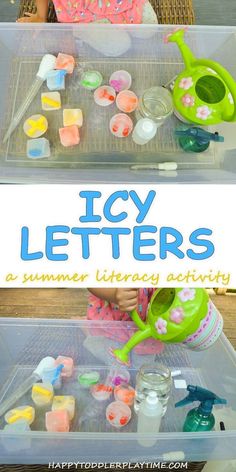 two plastic trays filled with different colored letters and toys on top of a table