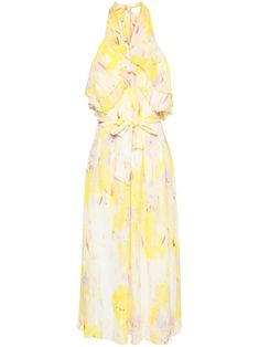 yellow/multicolour all-over floral print halterneck tie fastening ruffled trim sleeveless open back detachable waist belt straight hem full lining Msgm Dress, Pale White Skin, Dress Yellow, Yellow Dress, Cocktail Dress Party, Ruffle Trim, Waist Belt, Dress Details, Day Dresses