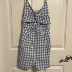 Nwt Blue And White Checkered Pattern One Piece With Keyhole Cutout In Middle Adjustable Shoulder Straps Pockets Casual Blue Shorts For Brunch, One Piece Shorts, Cheetah Shorts, Dark Denim Shorts, Sailor Shorts, Short One Piece, Denim Skort, Olive Green Shorts, Harem Shorts