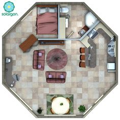 an overhead view of a living room and bedroom in a small space with tile flooring