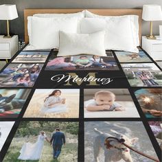 a bed covered in pictures of people and their dog, with the words mother's on it