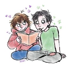 two people sitting on the floor reading a book together, with hearts flying around them