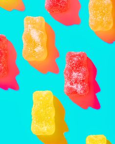 Candy pop art style image of sour gummy bears on a vibrantly colored turquoise background Haribo Photography, Gummy Bears Photography, Jelly Product Photography, Haribo Advertising, Fine Art Food Photography, Coquette Treats, Candy Pop Art, Candy Ads