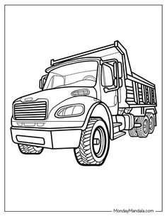 a cartoon dump truck is shown in this black and white coloring page for the children's book