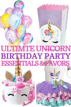 the unicorn birthday party essentials and favors are in pink, purple, and blue