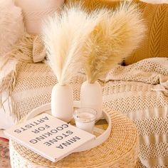 a table topped with two vases filled with feathers