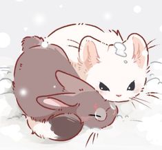 an animal that is laying down in the snow with its head on another animal's back