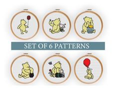 winnie the pooh cross stitch pattern set of 6 with balloon, hot air balloon and pig