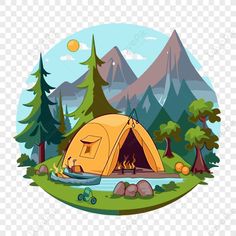 a tent in the woods with mountains and trees around it, on a transparent background