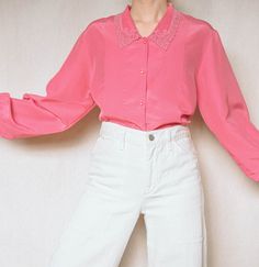 "Made in Japan ➸ Long sleeve pink blouse with front micro pleats and unique pointy embroidered collar. This dreamy blouse has front button closures (6) and a button on each cuff. Wear it with jeans, a skirt or under overalls or a pinafore. It is unlined and semi sheer (black bra can be seen in photos). *Please note: The top was pinned on the model.  -Brand/Tag: Dana Ween -Material: Polyester -Care: Dry clean (recommended) ➸ CONDITION Excellent condition. ✂ - - - - - MEASUREMENTS - - - - -  -Best Feminine Spring Blouse With Pintucks, Spring Feminine Blouse With Pintucks, Spring Collared Top With Pleated Sleeves, Spring Collared Tops With Pleated Sleeves, Embroidered Spring Tops With Ruffled Collar, Pink Long Sleeve Blouse With Lace Collar, Pleated Long Sleeve Blouse For Spring, Spring Pink Top With Lace Collar, Pink Lace Collar Top For Spring