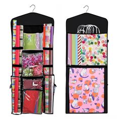 two hanging closets filled with various items and wrapping paper on top of each other