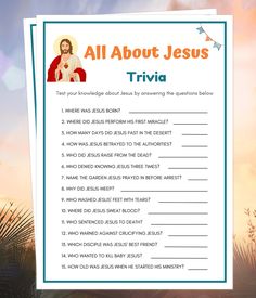 "All About Jesus Trivia, Bible Games, Bible Quiz, Bible Trivia, Jesus Trivia for Kids and Adults, Sunday School Games, Bible Quiz Printable WHAT YOU GET: 1 Printable Bible Games Template in Size: 5 × 7\" and 8.5 x 11\"  (2 per page) 1 Answer Key Template HOW IT WORKS: After purchase, you will receive a download link where you will access your PDF files in Size: (5 × 7\") and (8.5 x 11\" - 2 per page) that you can print at home or at the printing shop. You will also receive an email from Etsy with your download(s) or feel free to log in to your account to access your downloads at any time. It is as simple as that. They print beautifully! READ THIS FIRST! --THIS IS A DIGITAL DOWNLOAD. NO PHYSICAL ITEM WILL BE SHIPPED TO YOU.  -- THESE ARE NOT EDITABLE FILES. DOWNLOAD & PRINT AS IT IS --WE DO Bible Trivia For Adults, Bible Quizzes With Answers, Bible Trivia For Kids, Bible Jeopardy, Bible Emoji, Bible Quiz Games, Jesus Games, Trivia For Kids, Key Template