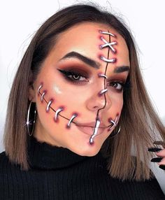 61 Easy DIY Halloween Makeup Looks - StayGlam Pelottava Halloween, Maquillage Halloween Simple, Stitches Makeup, Creepy Halloween Makeup