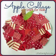 an apple made out of pieces of red fabric and scraps with a green leaf on top