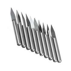 six knives are lined up next to each other