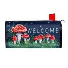 Welcome Mushroom Mailbox Cover Painted Mailbox, Flags Of European Countries, Painted Mailboxes, Diy Mailbox, Steel Mailbox, Mushroom Garden, Metal Mailbox, Mail Boxes, Geranium Flower