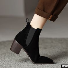 Fisdy - Chic Suede Block Heel Ankle Boots with Pointed Toe Rough Heels, Black Chunky Heels, Chunky Heel Ankle Boots, Block Heel Ankle Boots, Suede Block Heels, Pointed Heels, Heel Ankle Boots, Heeled Ankle Boots, Short Boots